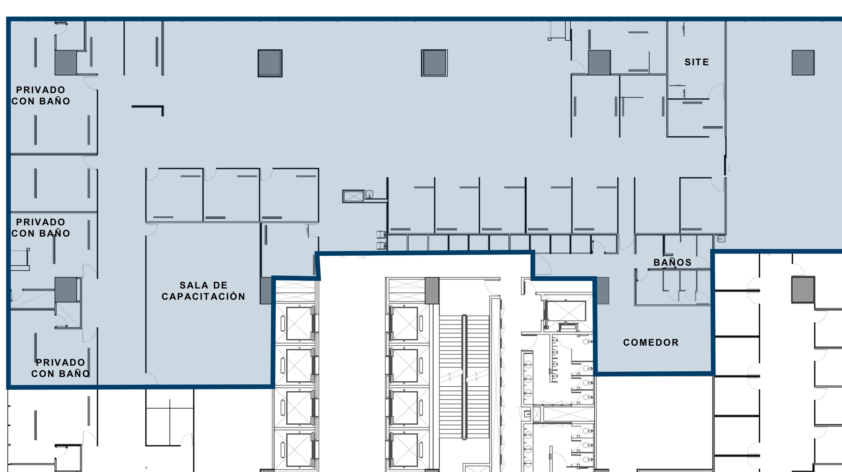 Plano arquitectónico del piso 18 de Espacio Santa Fe con privados, sala de capacitación, comedor, baños y site